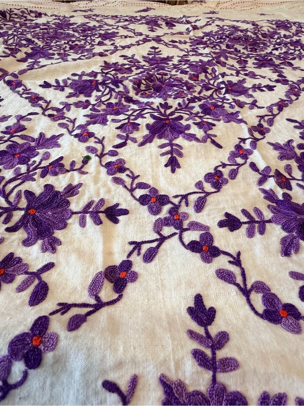 Embroidered Cream Table Linen with Violet Floral Design